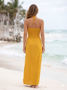 Robe longue jaune à bretelles croisées, coupe fourreau fendue, taille haute, sans manches, en rayonne tissée de couleur unie, style décontracté pour les vacances d'été - Product Image 4