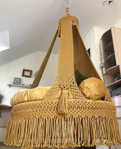 Bohemia Macram Swing <b>Chair</b> in Mustard Yellow Color with Cotton Rope, Velvet Cushion and Iron Frame for Indoor Outdoor Home Decor - Product Image 4