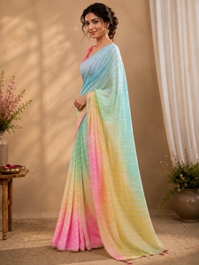 Sari en soie élégant bleu rose dégradé, imprimé numérique, broderie florale, style indien pakistanais, longueur ras du sol, pour femme, idéal pour les mariages d'hiver - Product Image 3