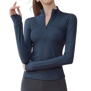 Top de Yoga Azul Marino para Mujer, Media Cremallera, Manga Larga, Cuello Alto Simulado, Ajuste Delgado, Transpirable, Ligero, Alta Elasticidad, para Gimnasio y Entrenamiento - Product Image 3