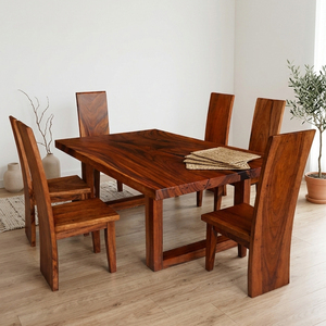 Juego de Mesa de Comedor Rectangular de Madera de Suar Dhifa con Sillas de Comedor de Madera Maciza con Borde Natural, Muebles de Madera Maciza para Uso en Hoteles y Restaurantes - Product Image 5