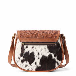 Cowgirl Brown Leather Crossbody Saddle <b>Bag</b> With Hair on Cowhide Panels Turquoise Stone And Floral Tooling Western Shoulder Purse - Product Image 4