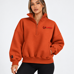 <b>Women's</b> <b>Cream</b> Quarter Zip Sweatshirt Stand Collar <b>Fleece</b> Pullover With Contrast Stitching Acid wash quarter zip sweatshirt Drop - Product Image 2