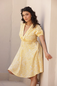 Robe Mini Classique à Jupe Volumineuse, Mouvements Fluides, Teinte Unie, 100% Coton, Col en V, Manches Bouffantes, Coupe Trapèze, Motif Floral, Respirante - Product Image 2