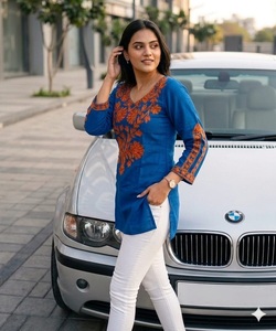 Fancy Women Wear Blue Embroidered Cotton Short Kurtis Loose Fit Midi Traditional Indian Pakistani Casual <b>Top</b> Tunic Collections - Product Image 1
