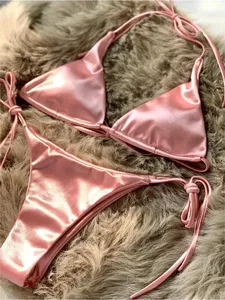 Conjunto de Bikini Triangular Sexy para Mujer, con Tanga, Lazos Laterales, Dos Piezas, Color Sólido, Elástico, de Secado Rápido, para Playa y Vacaciones - Product Image 4