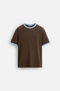 T-shirt à manches courtes marron pour homme, col rond, coupe classique, décontracté, respirant, 180g, avec logo frontal, en jersey de coton, bordure contrastante bleu clair - Product Image 6
