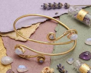 Gold Plated Brass Cuff <b>Bracelet</b> With Moonstone And Quartz Bezel Setting <b>Boho</b> Style Jewelry Handmade Bulk Product - Product Image 6