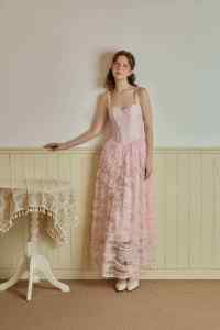 High Quality Vietnam Maxi Length Casual <b>Dresses</b> Sleeveless Strap Square Neck Hellen 3D Floral Lace Jacquard Slip <b>Dress</b> KD46 - Product Image 5