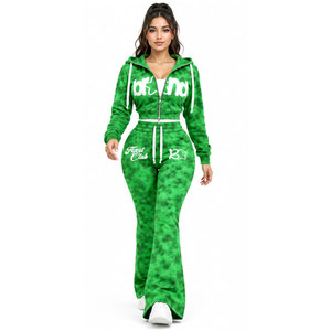 Chándal verde con capucha para mujer, cremallera completa, dobladillo dividido, ropa deportiva informal con estampado de letras y bolsillos laterales - Product Image 2