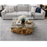 Table basse rustique multifonction en bois massif de racine de teck avec plateau en verre