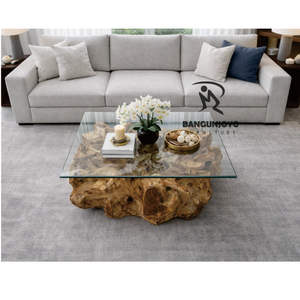 Table basse rustique multifonction en bois massif de racine de teck avec plateau en verre - Product Image 2