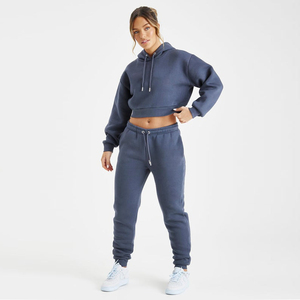 Ensemble de survêtement 2 pièces pour femme, haut court à capuche et pantalon de jogging long, couleur unie, en molleton, décontracté, toutes saisons, coupe ample - Product Image 1