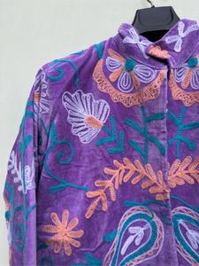 Hand Embroidered Purple <b>Velvet</b> Suzani <b>Jacket</b> With Floral Pattern Full Sleeve Stand Collar Bohemian Winter Outerwear - Product Image 5