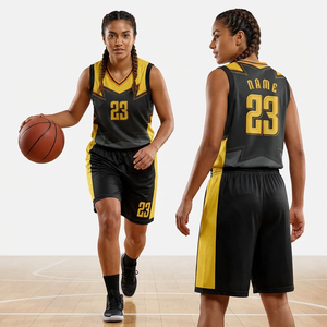 Maillot de basket-ball personnalisé sublimé noir et jaune sans manches col en V coupe athlétique adulte séchage rapide uniforme d'équipe avec le numéro 23 - Product Image 6