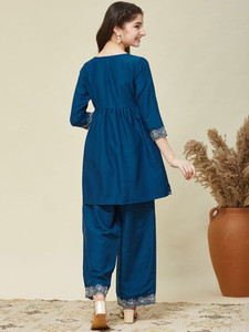 <b>Women</b> Teal Silk Blend Embroidered Peplum <b>Kurta</b> and Pant Set Regular Fit Casual Traditional Wear Quick Dry Knee-Length - Product Image 6