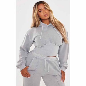Conjunto Deportivo de 2 Piezas para Mujer, Sudadera Corta con Capucha Gris, Pantalones Jogger, Manga Larga, Felpa, Corte Holgado, Informal, para Todas las Temporadas - Product Image 2