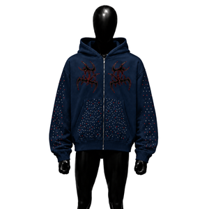 NAVY BLUE RHINESTONE ZIP UP HOODIE TRIBAL GOTHIC GRAPHIC Y2K STREETWEAR OVERSIZED STUDDED <b>PUNK</b> GRUNGE HOODED SWEATSHIRT <b>JACKET</b> - Product Image 1