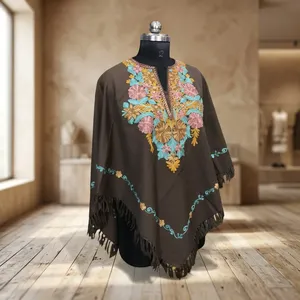 Handmade Kashmir Floral Embroidered Poncho Shawl Soft Wool <b>Winter</b> Wrap for Women Traditional Kashmir Aari <b>Work</b> Wool Poncho Cap - Product Image 5