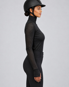 Camiseta de equitación de manga larga para mujer, negra, estampada, transpirable, de punto, con cuello alto, diseño de malla, cintura media, de secado rápido. - Product Image 4