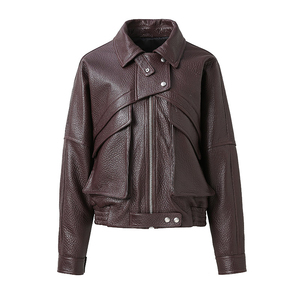 Blouson moto tendance en cuir véritable pour femme, col rabattu, manches longues, couleur unie, fermeture éclair, coupe courte, idéal pour l'automne - Product Image 4