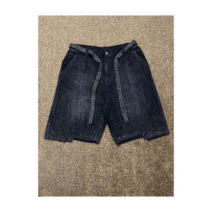 <b>Men's</b> Streetwear Denim Shorts Elastic Waist High Woven Solid Distressed Embroidery Patch Rhinestone Detail <b>Flared</b> Summer Style - Product Image 1