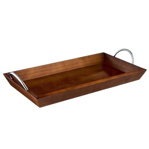 Plateau rectangulaire contemporain en bois de manguier avec finition chêne foncé et poignée tubulaire en laiton – Planche de rangement décorative - Product Image 6