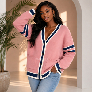 Cosh International Sorority Custom Logo Sisterhood Acrylic V-Neck <b>Cardigan</b> With <b>Navy</b> Contrast Stripes And Pockets - Product Image 4