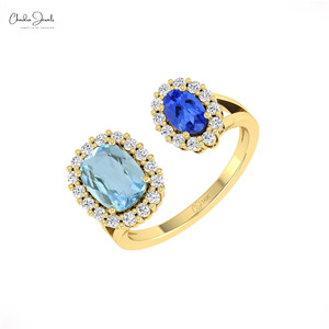 Nuevo Anillo de Doble Halo con Aguamarina y Tanzanita de Corte Cojín de 8x6mm en Oro Sólido de 14K, Fabricante de Joyería ODM - Product Image 1