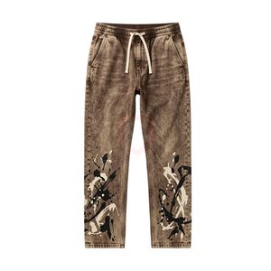 Pantalon pour homme durable, gris foncé, en denim délavé à l'acide, style vintage, coupe droite, streetwear urbain, en coton épais - Product Image 4