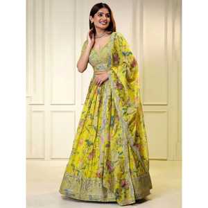 Atractivo amarillo lentejuelas Organza Haldi Wear Lehenga Choli Set para mujer - Product Image 1