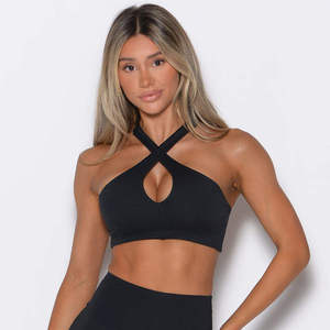 Soutien-gorge dos nageur noir pour femme, col rond, sans coutures, maintien élevé, pour le yoga et les activités sportives, avec logo frontal, bretelles croisées et coussinets amovibles - Product Image 2