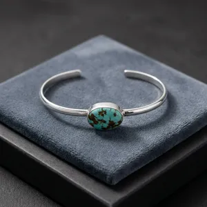 Bracelet ouvert en turquoise tibétaine bleue, argent sterling 925, pierre précieuse naturelle, bijoux faits à la main pour femmes - Product Image 3