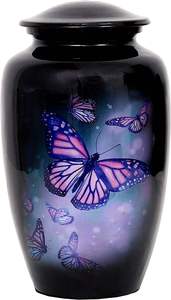 Urne funéraire élégante en métal, motif papillon monarque violet, pour cendres humaines - Urne commémorative artisanale avec images de papillons vibrantes - Product Image 2