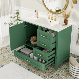 Mueble de Baño Moderno de 36 Pulgadas, Color Verde, con Estructura de Pino Sólido, 1 Puerta con Cierre Suave y 3 Cajones, Serie W - Product Image 1