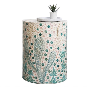 MOP Mother of Pearl Mosaic Side <b>Table</b> Decorative Garden <b>Stool</b> & Accent <b>Table</b> with Botanical Cactus Design - Product Image 1