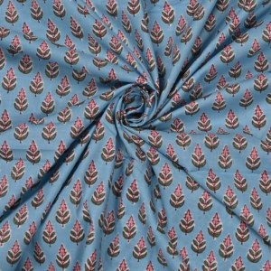 Tela de Algodón Ecológica Ignífuga con Estampado a Mano Estilo Kalamkari, Diseño de Hojas Azules Cielo Indias, Hecha a Mano para Prendas y Decoración del Hogar - Product Image 5