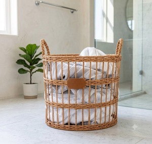 Round <b>Wicker</b> Laundry Basket With Handles Plant Fiber Storage Basket For Clothing Rustic Style Handcrafted Eco-Friendly - Product Image 2