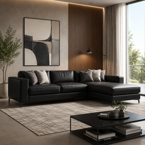 Sofá Seccional de Cuero Genuino Negro de Lujo con Chaise Longue, Diseño Clásico, Sofá de Cuero para Sala de Estar de Hotel, Muebles para Sala de Estar - Product Image 1