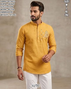 Rustic Beige Heritage Men's Cotton Floor-Length Regular Fit Traditional Kurta/<b>Kurti</b> for Diwali Wedding Party & Casual Wear - Product Image 3