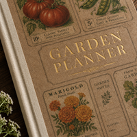 Carnet de notes LABON personnalisé en kraft brun avec dos en lin et dorure à chaud, motif Jardin Botanique, style pochette de graines vintage, avec logo personnalisé, idéal comme cadeau