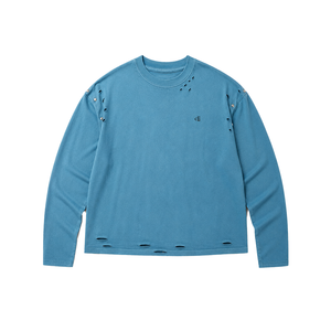 T-shirt personnalisé à manches longues effet vieilli en coton premium, coupe oversize, col rond, pour hommes, avec logo OEM découpé, style vintage, idéal pour le printemps - Product Image 5
