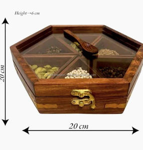 Boîte à épices traditionnelle indienne artisanale en bois de manguier, 5 compartiments, compatible four, lavage à la main uniquement, couvercle en verre, durable, pour aliments - Product Image 3