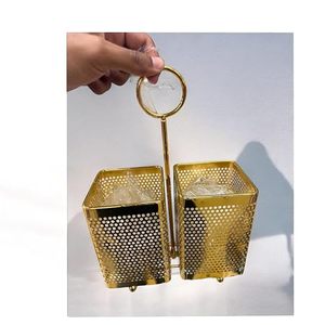 Porte-ustensiles en métal doré à double niveau, support de rangement de cuisine rectangulaire, design moderne, résistant à la rouille, organisateur de vaisselle - Product Image 2