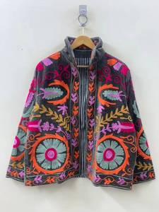 Suzani Velvet Women's Hand Embroidered Floral <b>Jacket</b> Mandarin Collar Full <b>Sleeve</b> <b>Short</b> Length Bohemian <b>Jacket</b> - Product Image 1
