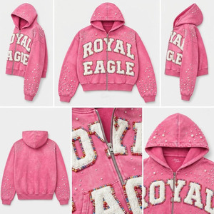 Sudadera con capucha rosa con cremallera unisex, con letras estampadas de perlas y pedrería, 100% algodón, para invierno, con logo frontal, servicio OEM - Product Image 4