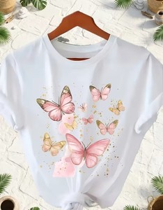Girls Butterfly Print Short Sleeve Crew Neck T-Shirt Casual Summer Wear - Product Image 1
