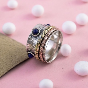 Handmade Lapis Lazuli 3 Tone Rose Gold Plated 925 Sterling <b>Silver</b> Meditation Spinner <b>Ring</b> for Women & <b>Men</b> Boho Statement Jewelry - Product Image 3