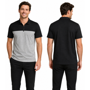 Polo Personalizado con Cierre de Cremallera para Hombre, de Alta Calidad, en Bloques de Color Negro y Gris, Manga Corta, Transpirable, para Golf - Product Image 4