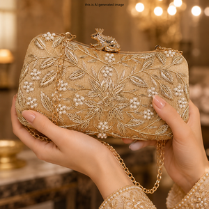 Pochette de soirée brodée de créateur pour femme avec fermoir grenouillère haut de gamme, broderie florale de perles, chaîne dorée détachable - Product Image 3